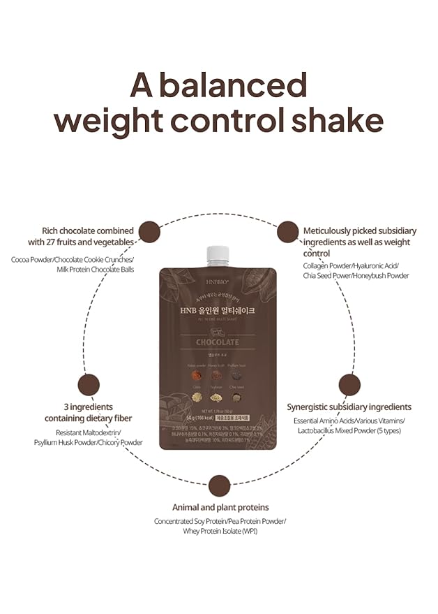 Korean Food All-In-One Multi Shake Chocolate(50g*7 Packs) Dietary Fiber Essential Amino Acids Vitamins 7-Day Convenient Individual Packs (12.35 oz)