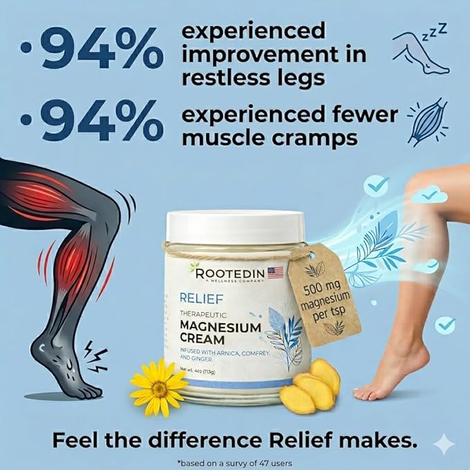 Rooted In Relief Magnesium Cream – 500mg Magnesium Chloride per Teaspoon – Enriched with Arnica Comfrey &amp Botanical Blend – Targeted Muscle Support &amp Topical Relaxation – 4 oz Glass Jar