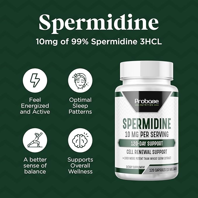 Probase Nutrition Spermidine (10mg of 99% Spermidine 3HCL - Third Party Tested) 120 Capsules - 100x More Potent Than Wheat Germ Extract Telomere Health and Aging 120-Day Supply - As efficient as NMN