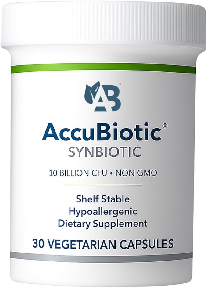 AccuBiotic Synbiotic 10 Billion CFU - Probiotic + Low FODMAP Prebiotic - Supplement for Digestive Immune &amp Gut Health - Supports Occasional Gas &amp Bloating - Shelf-Stable - for Women &amp Men