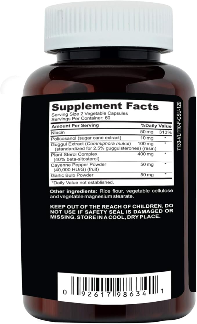 Clinical Daily Cholesterol Care Supplement. Vegan Cholesterol and Triglyceride Supplements. Plant Sterols Supplements Cholesterol Support with Guggul Garlic Niacin. 120 Capsules