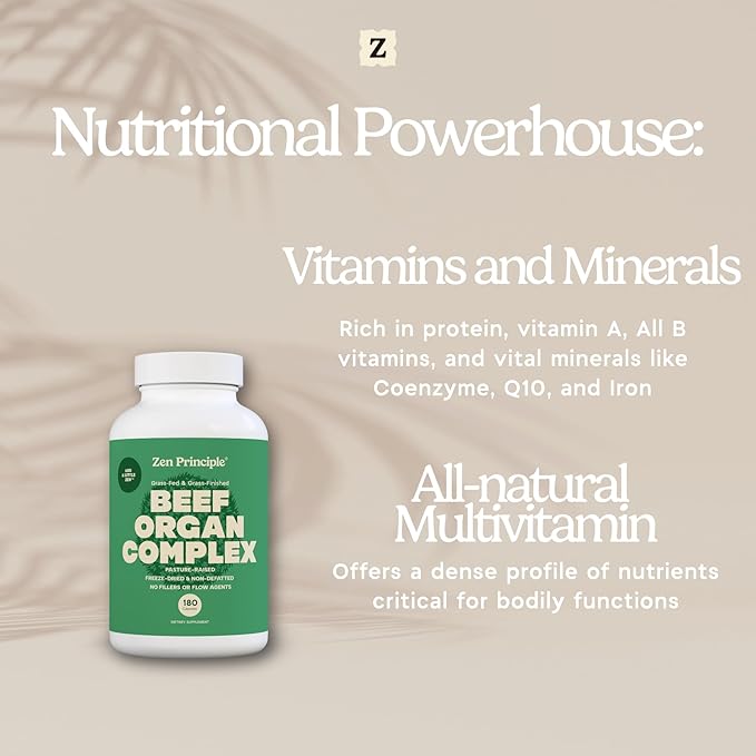 Zen Principle Grass Fed Beef Organs Supplement – Desiccated Liver Heart Kidney Pancreas Spleen Intestine &amp Tripe/Stomach – Grass-Fed &amp Grass-Finished on the Natural Pastures of New Zealan