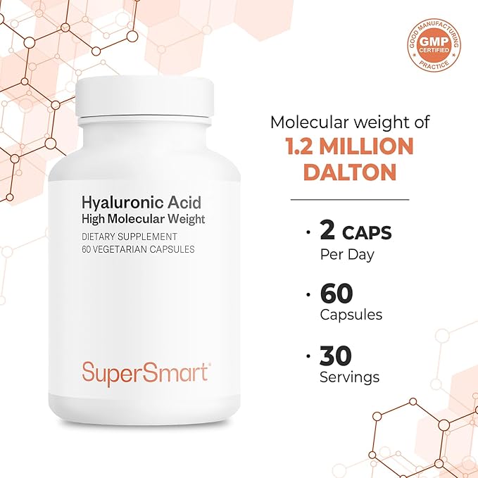 Supersmart Hyaluronic Acid Supplement 300mg per Day (Sodium Hyaluronate) - High Molecular Weight 1.2 Million Daltons | Non-GMO &amp Gluten Free - 60 Vegetarian Capsules