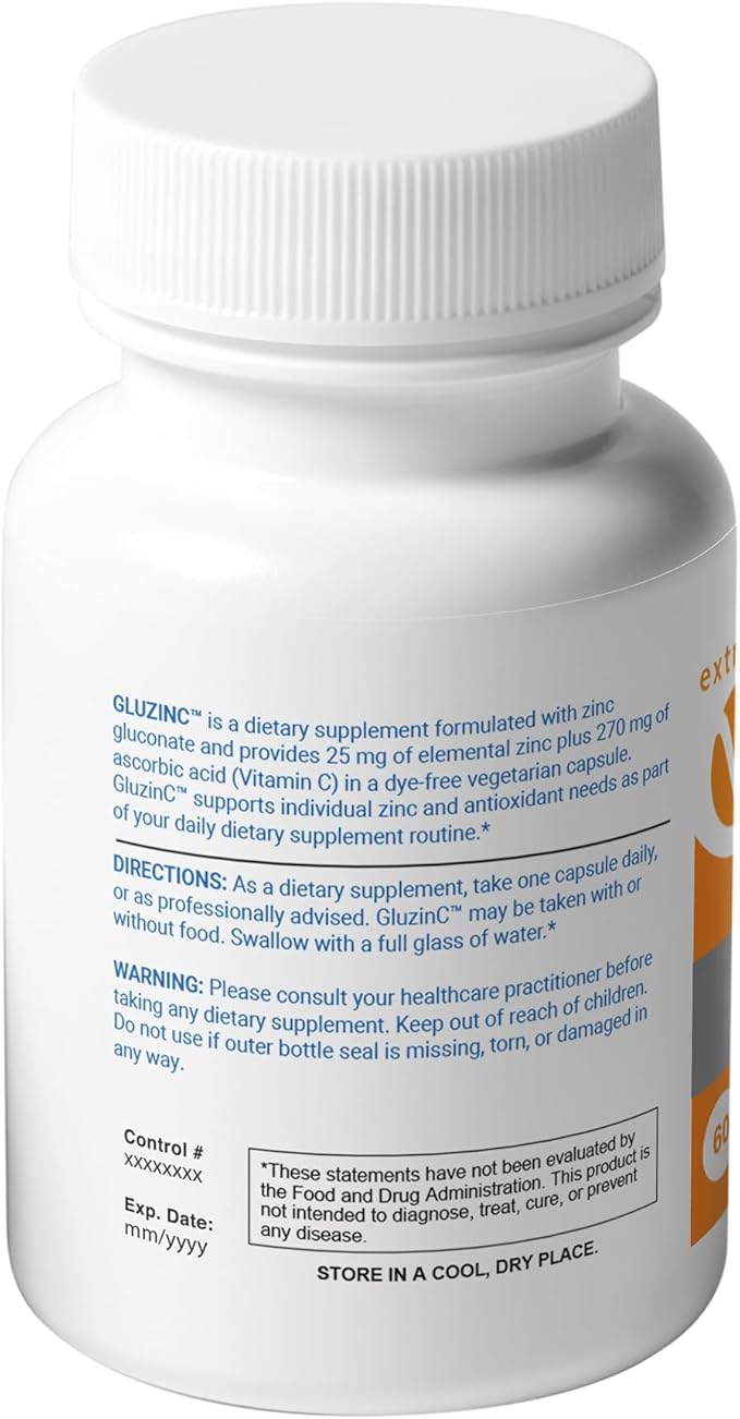 GluzinC Zinc &amp Vitamin C Supplement | 25 mg Zinc Gluconate + 270 mg Ascorbic Acid | Daily Immune Nutrients | 60 Veg Caps