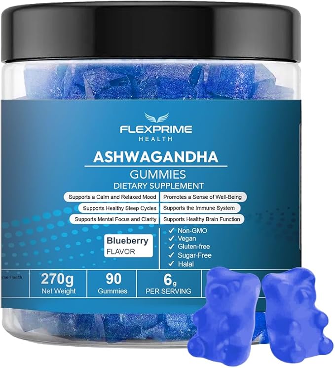 Ashwagandha Gummies Sugar Free 6g | Vegan Halal Non-GMO Gluten-Free | Blueberry Flavor | Focus Calm Recharge | Men Women 90 Count