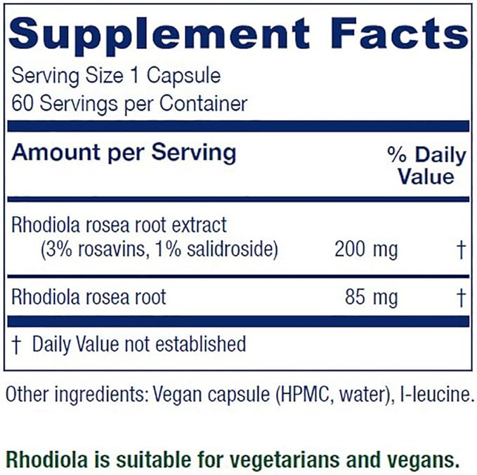 Vitanica Rhodiola Rosea Root Extract 200mg Dr. Formulated 3% Rosavins &amp 1% Salidroside Rhodiola Root 85mg Vegan 60 Capsules
