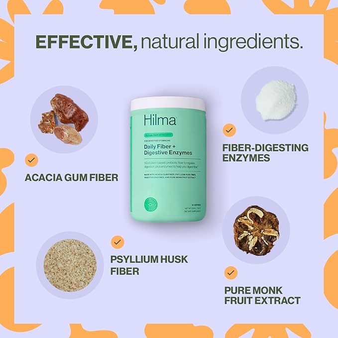 Hilma Daily Fiber and Digestive Enzymes Fiber Supplement Powder with Prebiotics and Enzymes Formulated with Psyllium Husk and Acacia Gluten Free Vegan FSA Eligible Digestive Support 30 Servings