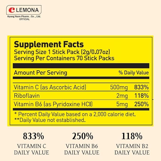LEMONA Official Vitamin C Powder 500mg Korean Supplements Immune Support B6 B2 On-The-Go Packets Vitamin Healthy Living Easy to Take Daily Energy Boost Korean Food Snacks Lemon (70Sticks)