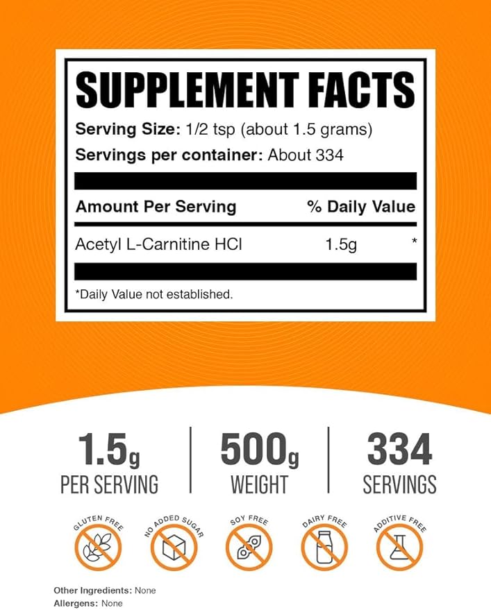 BulkSupplements.com Acetyl L-Carnitine Powder - as ALCAR HCl Carnitine Supplement - Gluten Free 1.5g per Serving 500g (1.1 lbs) (Pack of 1)