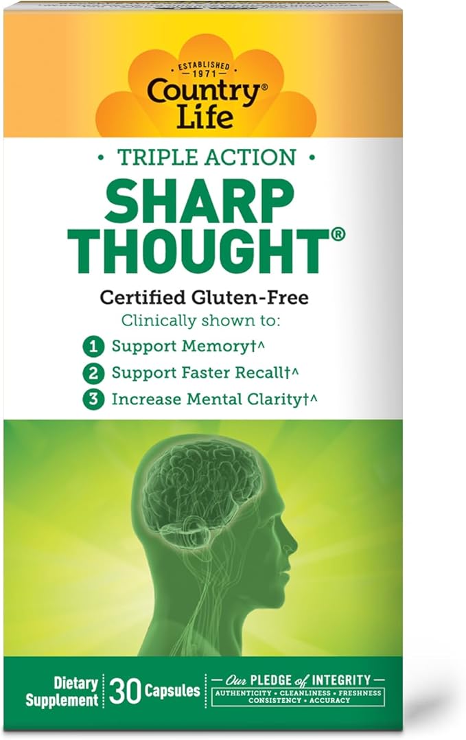 Country Life Sharp Thought - Memory &amp Cognitive Support Supplement – Sharp-PS Gold Phosphatidylserine + DHA – Promotes Mental Clarity &amp Faster Recall – Gluten-Free 30 Capsules