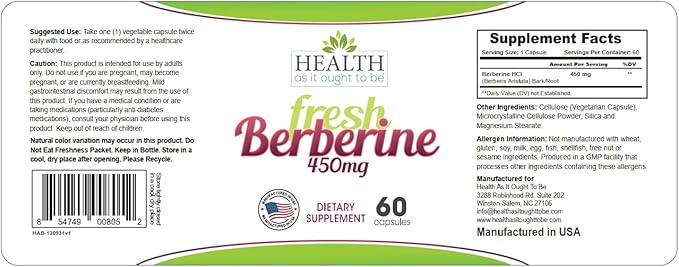 Health As It Ought To Be Fresh Berberine Supplement 450mg | Contains Only Berberine | No Preservatives | 60 Capsules