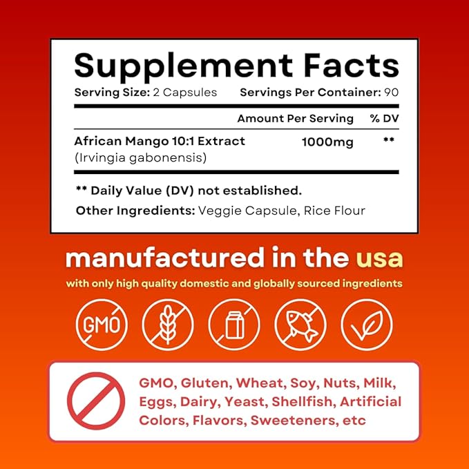 African Mango Capsules for Immune System Metabolism and Nutritional Wellness Support - Pure 10:1 Irvingia Gabonensis Extract - 180 Veggie Capsules Non-GMO Gluten-Free Vegan-Friendly