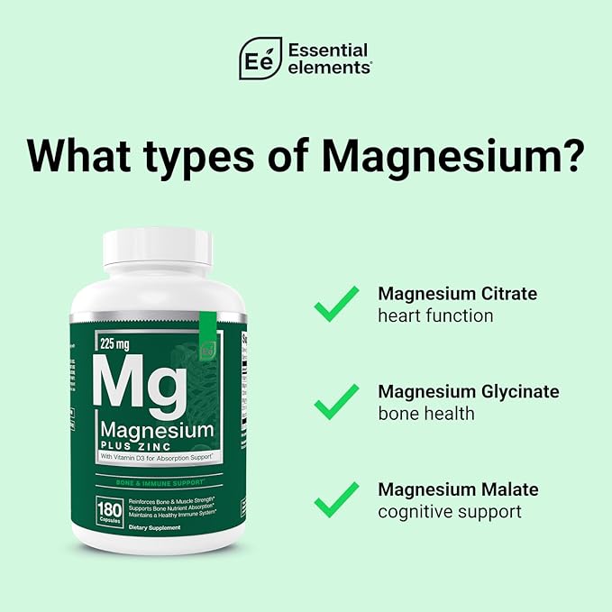 Essential Elements Magnesium Plus Zinc with Vitamin D3 | Scientifically Formulated Heart Bone &amp Muscle Support | 225mg Triple-Strength Magnesium Complex with Glycinate Malate Citrate | 180 Coun