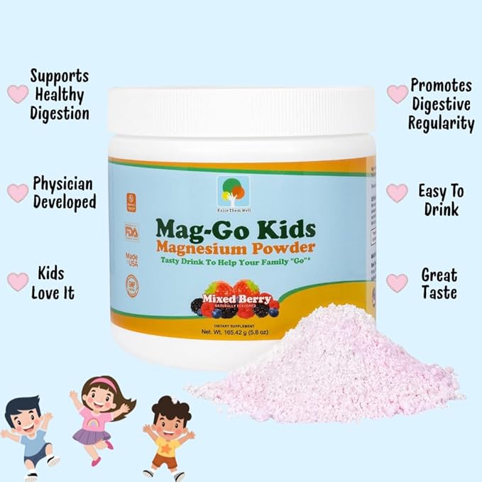 Raise Them Well Mag-Go Kids Magnesium Powder | Constipation Relief (Mixed Berry) | 90 Servings per Tub