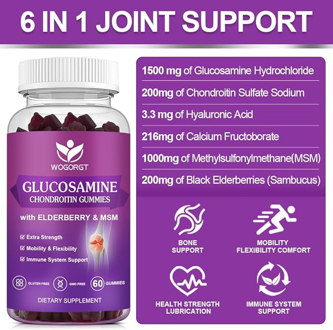 WOGORGT Glucosamine Chondroitin Gummies for Women &amp Men - 1500mg Glucosamine Chondroitin with MSM &amp Elderberry - Flexibility &amp Immune Support - 60 Gummies (2 Pack)