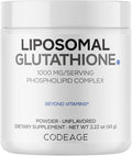 Codeage Liposomal Glutathione Powder - 1000 mg Vegan Reduced L-Glutathione per Serving Liposomal Delivery - 2-Month Supply - Unflavored - Phospholipid - Non-GMO Gluten-Free - 2.22 Oz