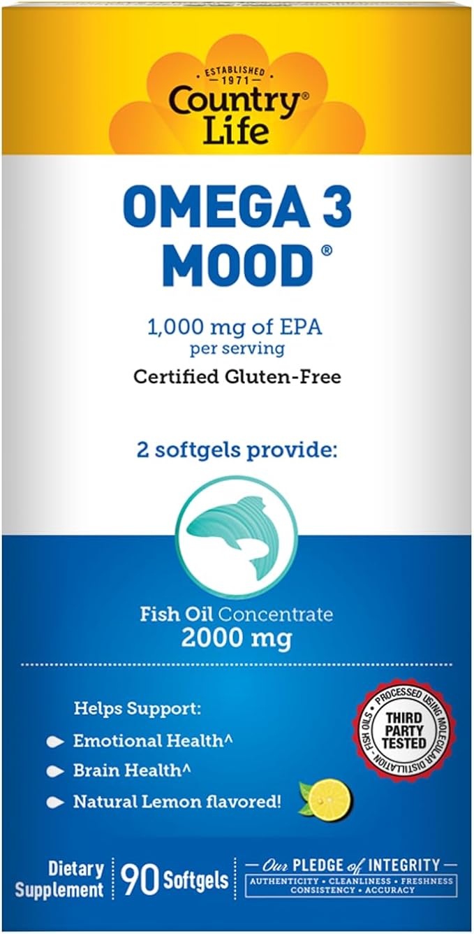 Country Life Omega 3 Mood – 2000mg Fish Oil with EPA &amp DHA – Brain Heart &amp Mood Support – Lemon Flavored No Fishy Aftertaste – Certified Gluten Free Non-GMO – 90 Softgels