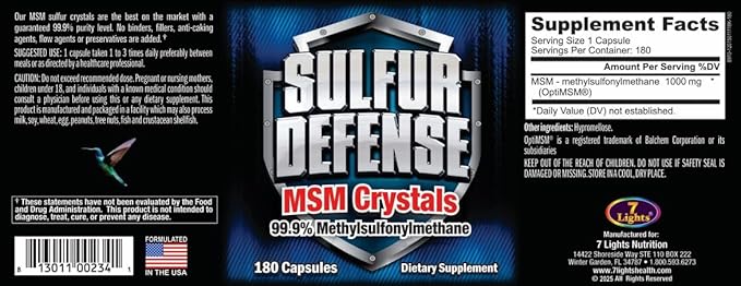Sulfur Defense Opti-MSM 99.9% Pure MSM Powder Capsules Made in USA Organic Methylsulfonylmethane non-GMO Gluten-Free Immune System Booster Soothes Joint Pain Younger Skin Hair Nails 180 caps