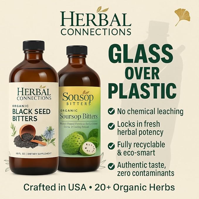 Herbal Connections Organic Soursop &amp Black Seed Bitters Bundle - Natural Plant-Based Ingredients for Gentle Detox &amp Digestive Health Two Bottles 32 Ounces (16 Ounces Each) 64 Servings