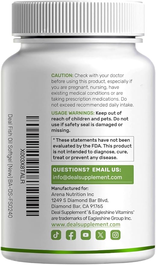 DEAL SUPPLEMENT Omega 3 Fish Oil Supplements 3000mg Per Serving 240 Softgels – EPA 1200mg + DHA 900mg – Burpless Pills Lemon Flavored Wild Caught – Brain &amp Heart Support – Mercury Free Non-