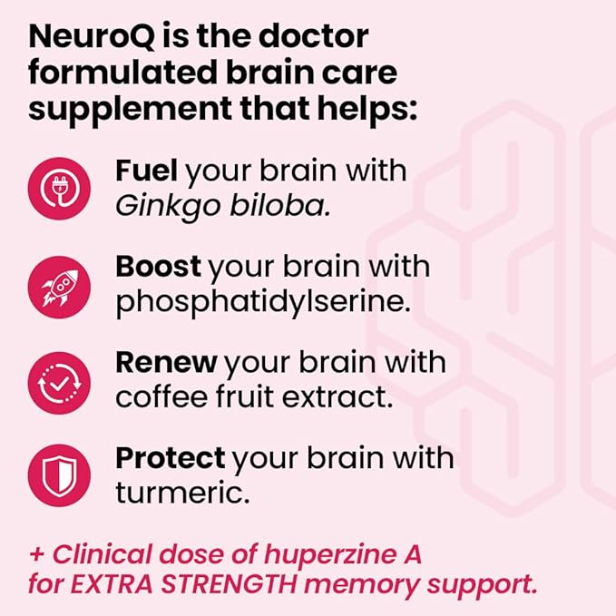 NeuroQ Memory &amp Focus Extra Strength - Boosts Cognitive Performance &amp Brain Function - Supports Neuroprotection &amp Concentration - Huperzine A Gotu Kola Ginkgo Coffee Fruit &amp Propoli