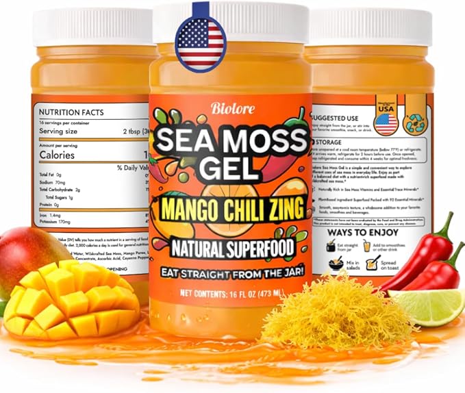 Biolore Mango Chili Zing Sea Moss Gel 16 oz - No Added Sugar Vegan Made in USA - Wildcrafted Sea Moss Superfood with 92 Essential Vitamins - Ready to Use No Prep Needed