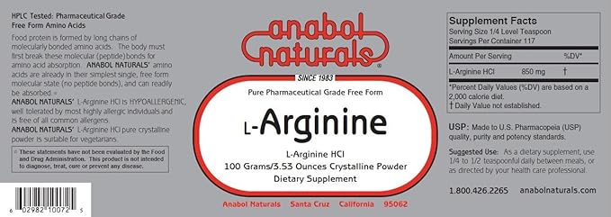 Anabol Naturals Nitric Oxide (N.O.) Stack: L-Arginine 100 gm Powder and L-Citrulline 100 gm Powder