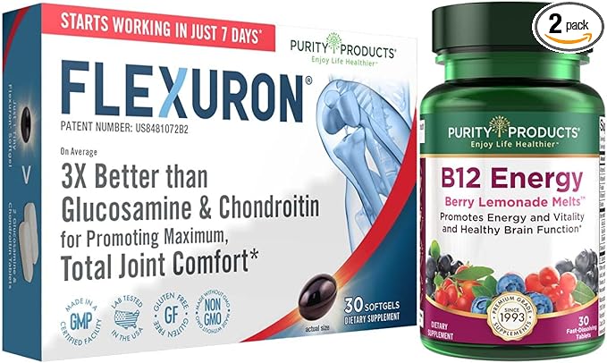 Purity Products Flexuron Joint Formula + B-12 Energy Melt Flexuron (Krill Oil Low Molecular Weight Hyaluronic Acid Astaxanthin) - B12 Energy Melt (Methylcobalamin B12 Vitamin D3 Biotin +More)