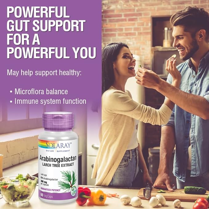 SOLARAY Arabinogalactan Larch Tree Extract 300mg | Prebiotic Fiber for Healthy Gut &amp Immune System Support | 60 VegCaps