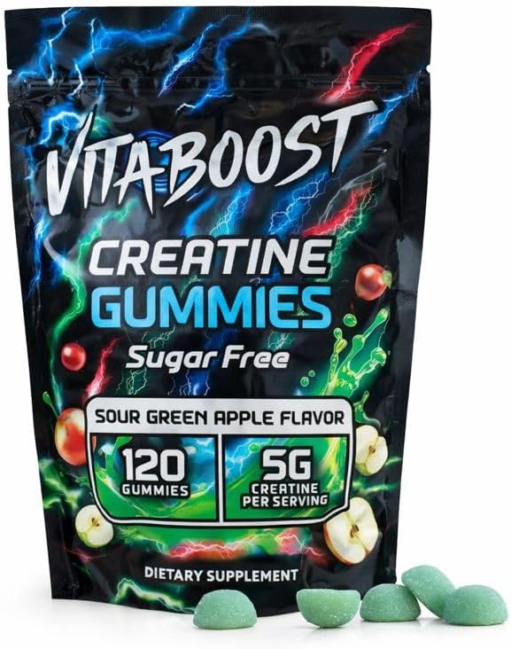 Sugar Free Creatine Monohydrate Gummies – 5g Creatine Per Serving Sour Green Apple Flavor Vegan Low-Calorie No Artificial Colors Made in USA (120 Gummies)