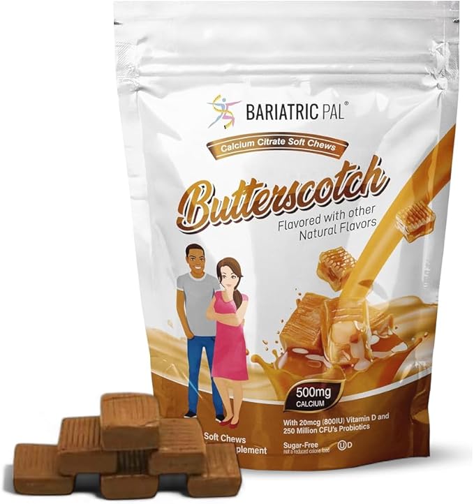 BariatricPal Sugar-Free Calcium Citrate Soft Chews | 500mg with Vitamin D &amp Probiotics | Butterscotch | 90 Count (1 Month Supply)