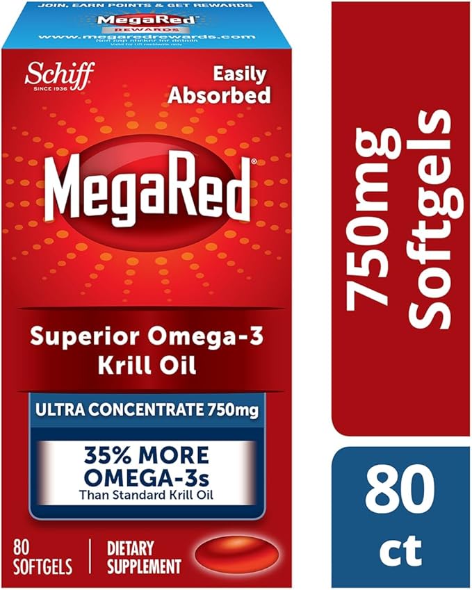 MegaRed Ultra Concentrate 750mg Omega-3 Krill Oil Fatty Acid Supplement with EPA/DHA Antioxidant Astaxanthin No Fish Oil Aftertaste Supports Heart Health 80 Count Softgels (2 Pack)