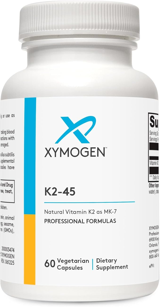 XYMOGEN K2-45 - Bone &amp Cardiovascular Support - 45 mcg Vitamin K2 - Bioavailable Natto-Derived Vitamin K - Vegetarian Gluten-Free Non-GMO - 60 Capsules