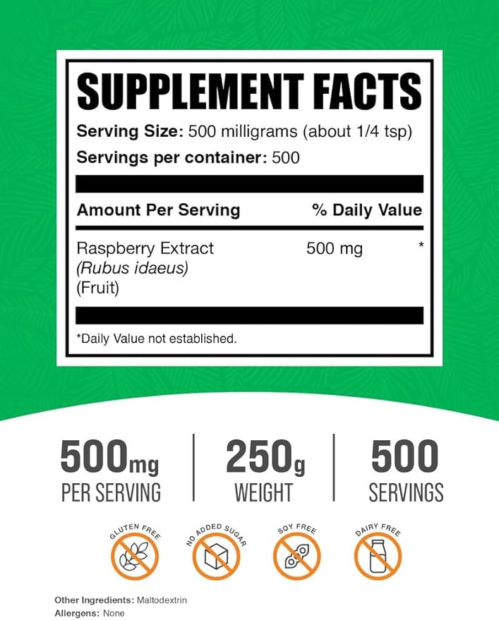 BulkSupplements.com Organic Raspberry Extract Powder - from Raspberry Fruit Antioxidant Source Herbal Supplement - Gluten Free 500g (1.1 lbs) (Pack of 1)