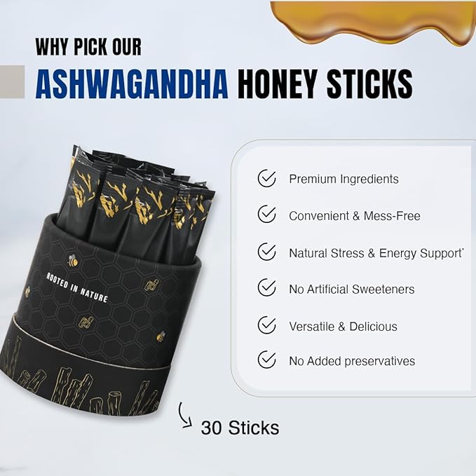 Bargad KSM-66 Ashwagandha Honey Sticks | 400mg Adaptogenic Support | Promotes Relaxation Sleep Focus Energy &amp Vitality | Premium Organic Honey | No Artificial Additives | 30 Count