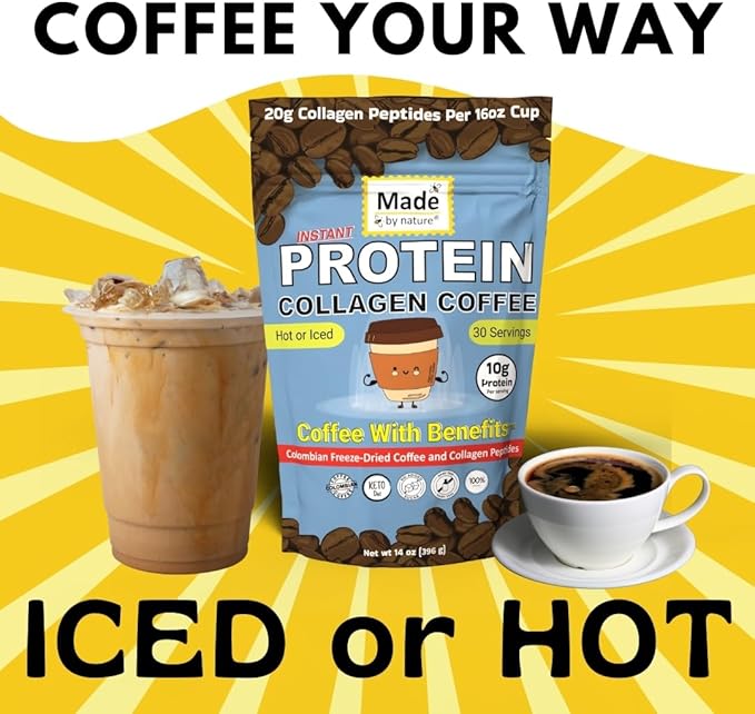 Made by Nature Collagen Protein Coffee | 30 Servings | Colombian Coffee | 10g Protein | Type 2 Collagen | Skin Joint Muscle Support | Energy Boost | Hot/Iced (30 Servings Collagen Protein Coffee)