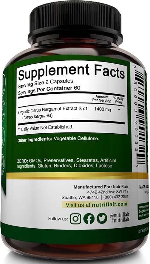 NutriFlair Organic Citrus Bergamot 1400mg 120 Capsules - 25:1 Bergamia - Essential Oil and Citrus Bioflavonoids - Natural Heart Health Supplements for Women and Men - Non-GMO Pills