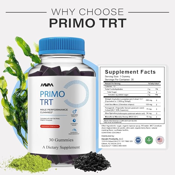 (5 Pack) Primo TRT Maximum Strength Performance Gummies PrimoTRT Gummy Supplement Prime TRT Maximum Strength Advanced Shiljait Vitamin Support Supplement Primo TRT Premium Gomitas (5 Month Supply)