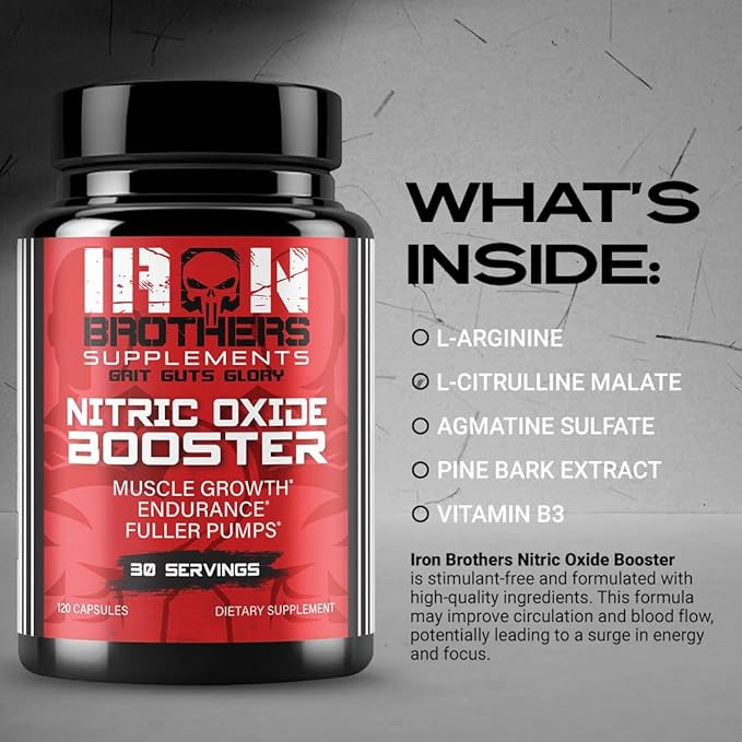 Iron Brothers Nitric Oxide Supplement for Men &amp Women | Pre-Workout Nitric Oxide Booster for Enhanced Muscle Pump Blood Flow &amp Endurance | L-Arginine L-Citrulline Pine Bark Extract | 120 Ve