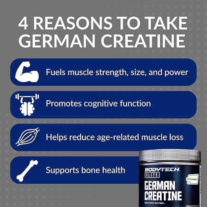 BodyTech Elite German Creatine with Creapure® Creatine Monohydrate Powder for Strength Size &amp Power 5g per Serving Unflavored Gluten Free 11.01 oz 60 Servings