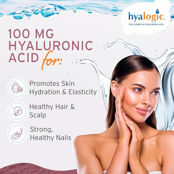 Hyalogic Liquid Hyaluronic Acid Supplement - Ingestible Skin Support with 100mg HA and 100mg MSM - Natural Hydration for The Face Eyes and Lips - High Molecular Weight Formula - 12 oz