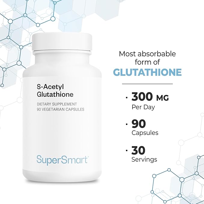 Supersmart S-Acetyl Glutathione 300mg per Day (High Absorption) - Stable Form of L-Glutathione Tripeptide - GSH Supplement | Non-GMO &amp Gluten Free - 90 Vegetarian Capsules