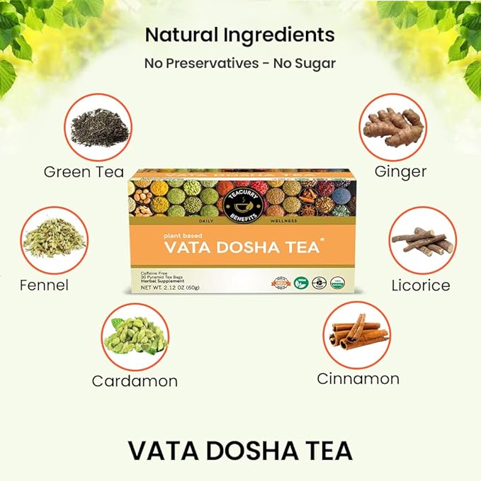 TEACURRY Vata Dosha tea - (1Months Pack 30 Tea Bags) - Helps to Balance Vata Dosha - Part of Tridosha Tea - Helps in Digestion and Belly Area