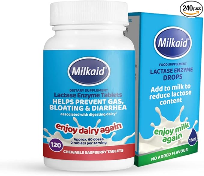 Milkaid Lactase Enzyme Drops Tablets for Lactose Intolerance Relief | Prevents Gas Bloating &amp Diarrhea | Dairy Digestive Supplement | 0.5 Fl Oz &amp 120 Raspberry Flavored Tablets
