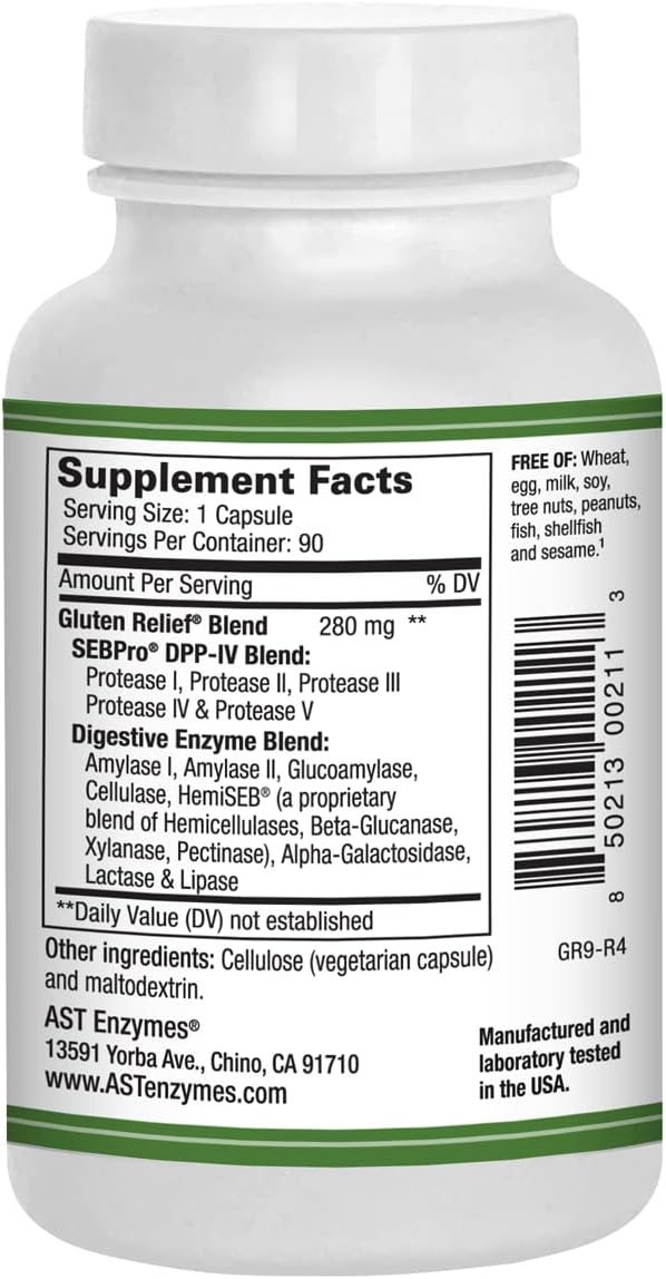 Gluten Relief Plus – 90 Vegetarian Capsules - Gluten Digestion Support – Premium Natural Digestive Enzyme Formula - Contains DPP-IV Enzyme Complex – AST Enzymes