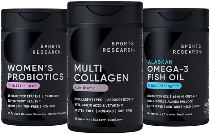 Sports Research® for Her Pack - Biotin-Infused Collagen Peptides Complex + Women's Probiotics with Prebiotics + Triple Strength Omega 3 Fish Oil