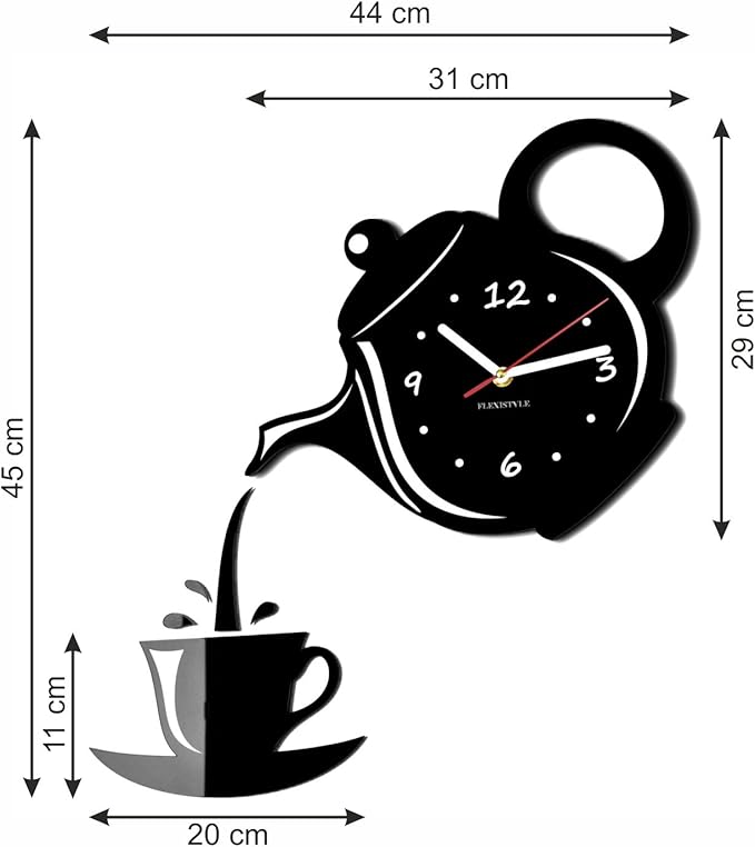 FLEXISTYLE Modern Kitchen Wall Clock Cup and Jug Black 45 cm x 45 cm 3D Silent Design Made in EU