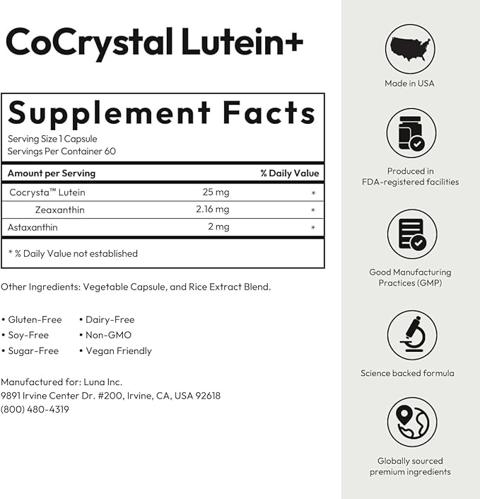 BIGVITA CoCrystal Lutein + | 3-in-1 Eye Support Fast-Absorbing Lutein Zeaxanthin &amp Astaxanthin | Blue Light Defense Visual Clarity &amp Eye Fatigue Relief | High Bioavailability Vitamins | 60