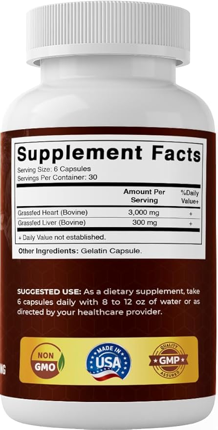 Vitamatic Grass-Fed Beef Heart with Liver 180 Capsules – Freeze-Dried Non-GMO Bovine Liver Supplement – Pasture-Raised Glandular-Based Formula
