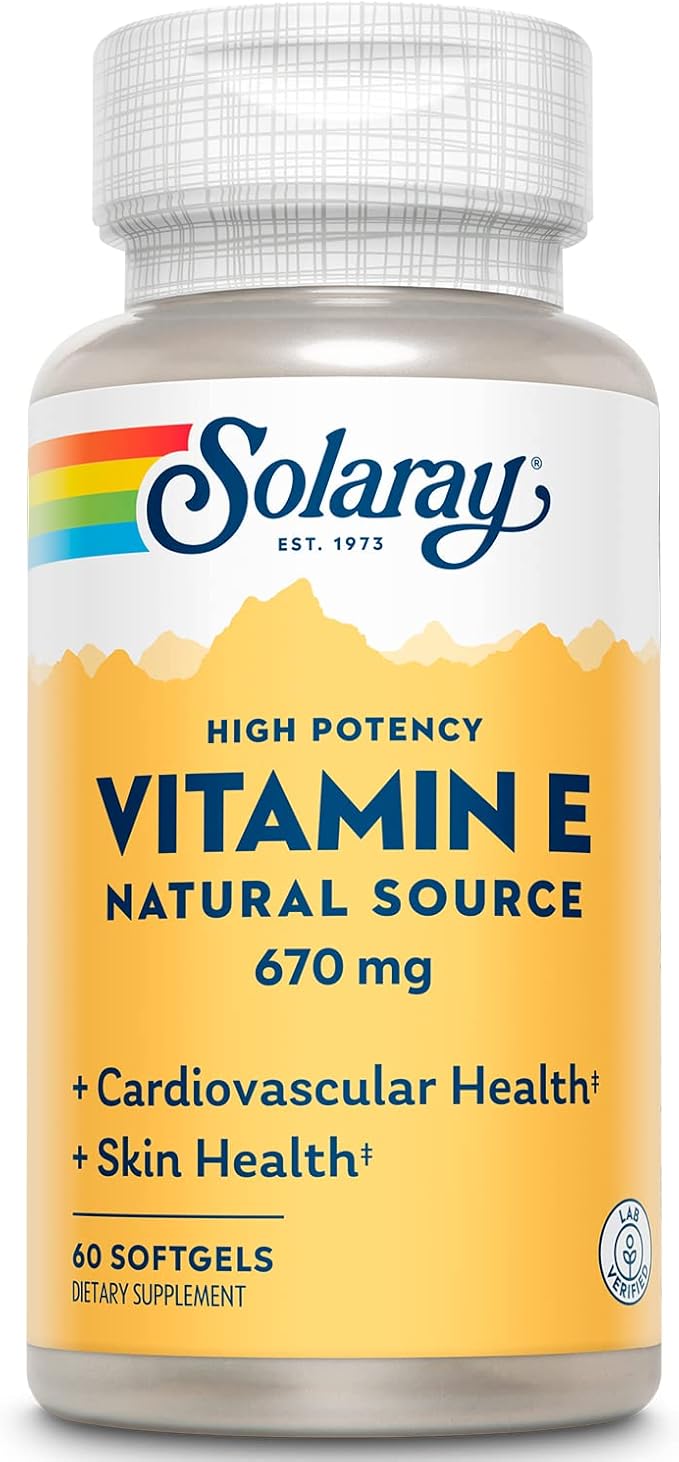 SOLARAY Vitamin E 1000 IU Softgel Capsules 670 mg - d Alpha Tocopherol Vitamin E Supplements - Skin Health Heart Function and Antioxidant Support - 60-Day Guarantee - 60 Servings 60 Softgels
